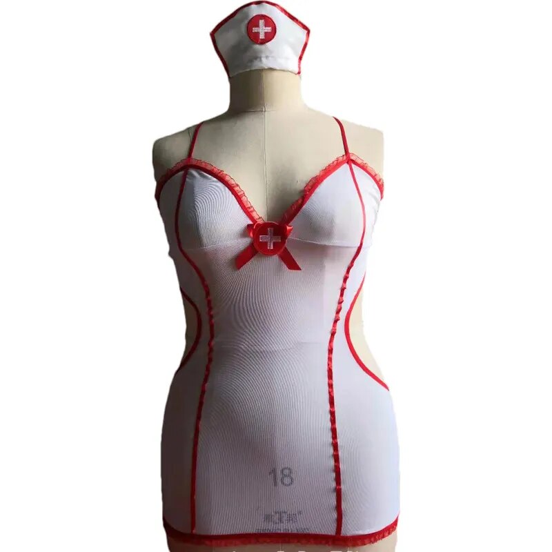 Große Größe Damen Sexy V-Ausschnitt Roleplay Krankenschwester Uniform Plus Size Rückenfrei Cosplay Krankenschwester Dessous Kleid XXL Fliter Kostüm