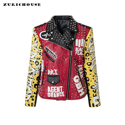 Lederjacke mit Graffiti-Print für Damen und Herren 2023 Punk-Nieten Streetwear-Motorradjacken aus Kunstleder mit Kontrastnähten