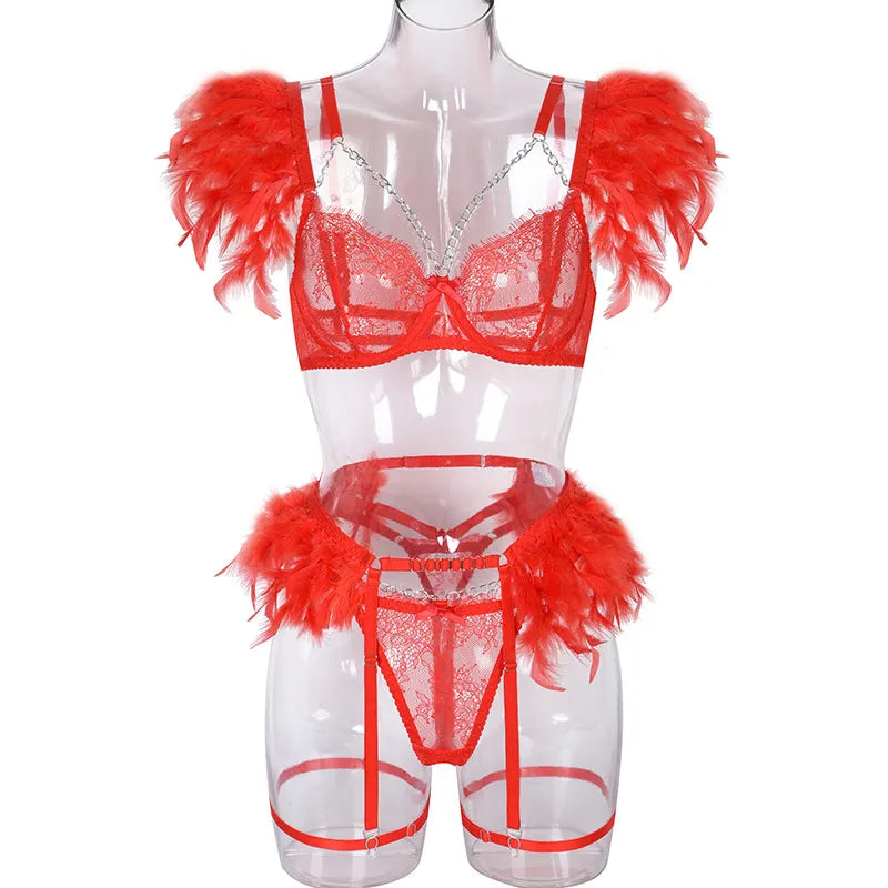 Ropa interior transparente para mujer, decoración de plumas de lujo, lencería con cadena de Metal, traje de Tanga, ropa Punk Sexy