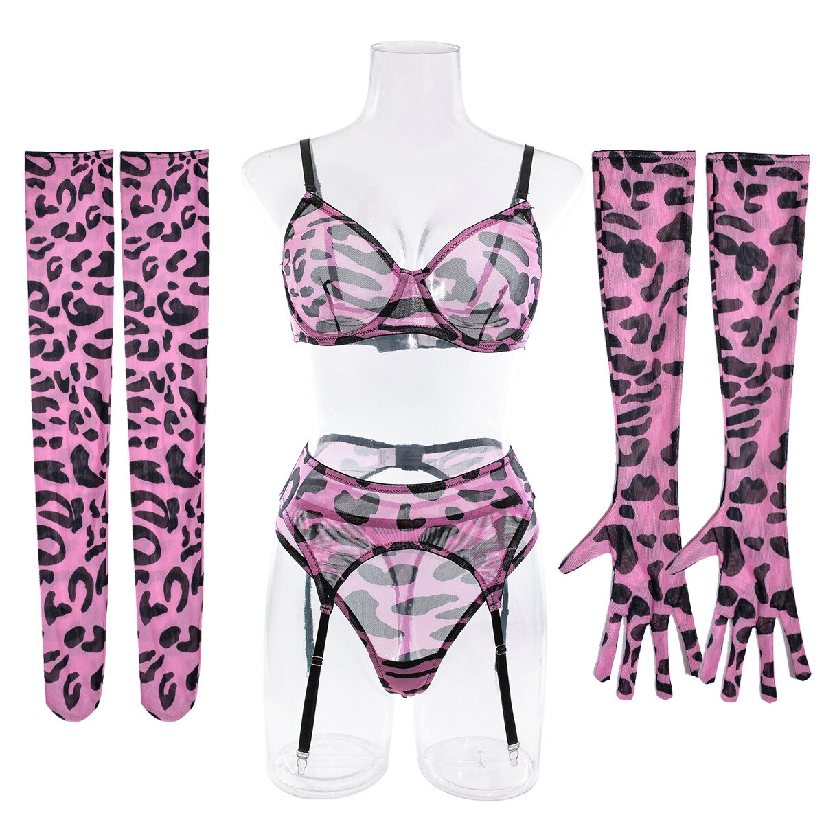 Lencería de leopardo con guantes de media, ropa interior sin costuras, conjunto de liguero Sensual, trajes sexys íntimos rosa