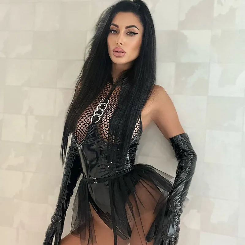 Latex Sexy Body Dessous Frauen Mesh Pu Leder Body Offene PVC Kostüme Rüschen Outfit Sissy Strumpfhosen