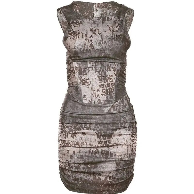 Wasteland-Stil, einzigartiger Retro-Druck, altersreduzierendes, ärmelloses kurzes Kleid mit Kapuze für Frauen, schmale Passform, sexy Mädchen, gewickeltes Hüftkleid