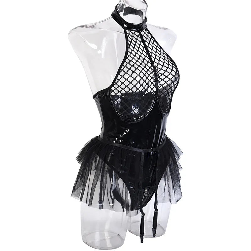 Latex Sexy Body Lingerie Women Mesh Pu Leather Bodysuit Open PVC  Costumes Ruffles Outfit Sissy Tights