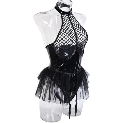 Latex Sexy Body Dessous Frauen Mesh Pu Leder Body Offene PVC Kostüme Rüschen Outfit Sissy Strumpfhosen