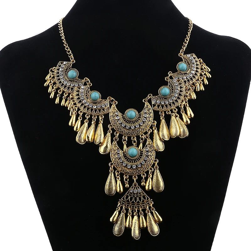 Vintage Ethnic Exaggerated Statement Necklaces Antique Silver Color Carved Water Drop Tassel Necklaces For Women Boho Jewelry