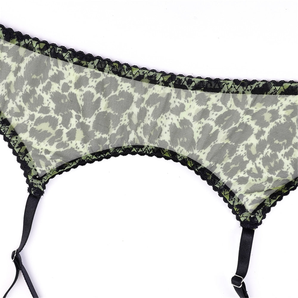 Neon-Leoparden-Dessous, 5-teilige Spitzenunterwäsche, nahtlos, sexy, sinnlich, transparent, Strumpfhalter-Sets