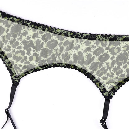 Lencería de leopardo de neón, ropa interior de encaje de 5 piezas, conjuntos de liga transparentes sensuales sexis sin costuras