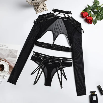 Gothic Sexy Dessous Set Frau 4 Stück Langarm Mesh Transparent Kostüme Aushöhlen BH Anzug Set