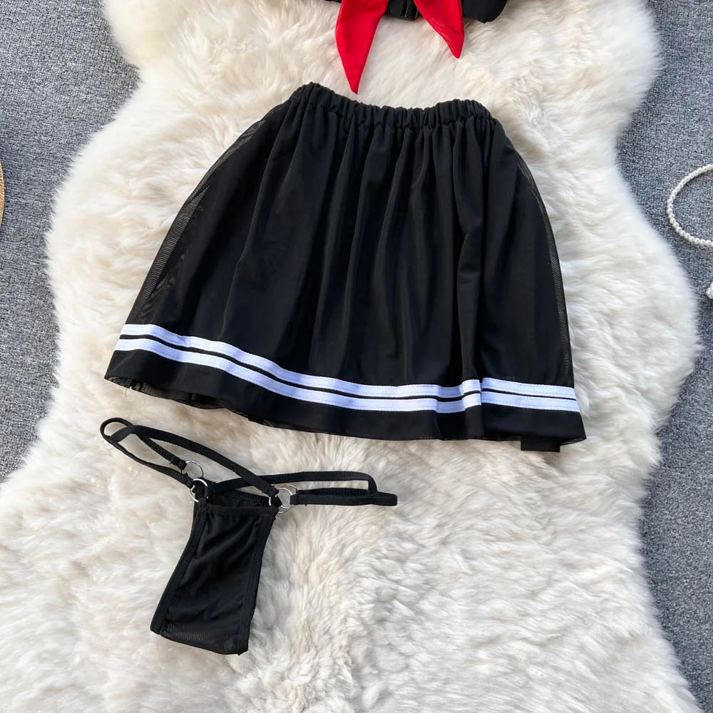 Preppy Style Cosplay Sheer Nightsuits Female Bow Sweet Short Top+Mini Skirt+Thongs 2023 Transparent   Outfit Wanita