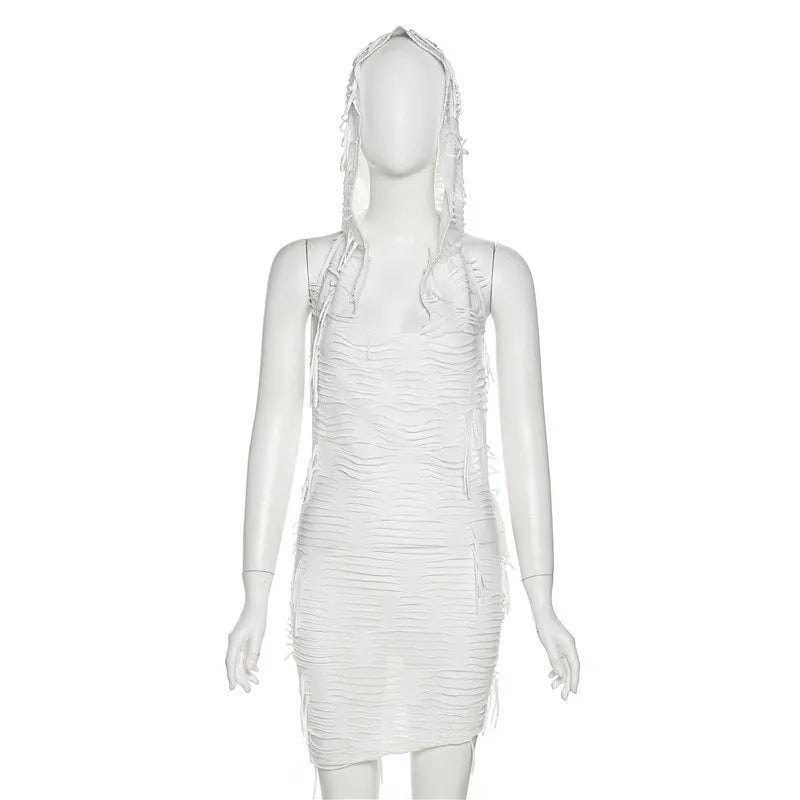 Solid Hooded Mini Dress Women Simple Sexy See Through  Sleeveless Body-shaping Robe Lady Hipster Club Party Streetwear