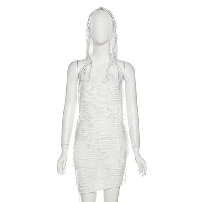 Solid Hooded Mini Dress Women Simple Sexy See Through  Sleeveless Body-shaping Robe Lady Hipster Club Party Streetwear