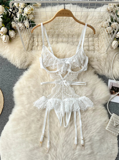 Transparent Lace Sheer Bodysuits Ladies Hollow Out Sleeveless Mini Slim Nightwear Ruffles Open Crotch Sexy Jumpsuit  Wanita