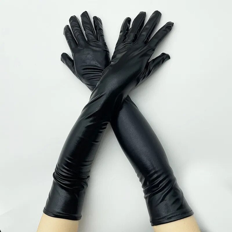 Adult Long Patent Leather Coated Pole Dance Performance Gloves Halloween Costume Accessories Tight Gloves