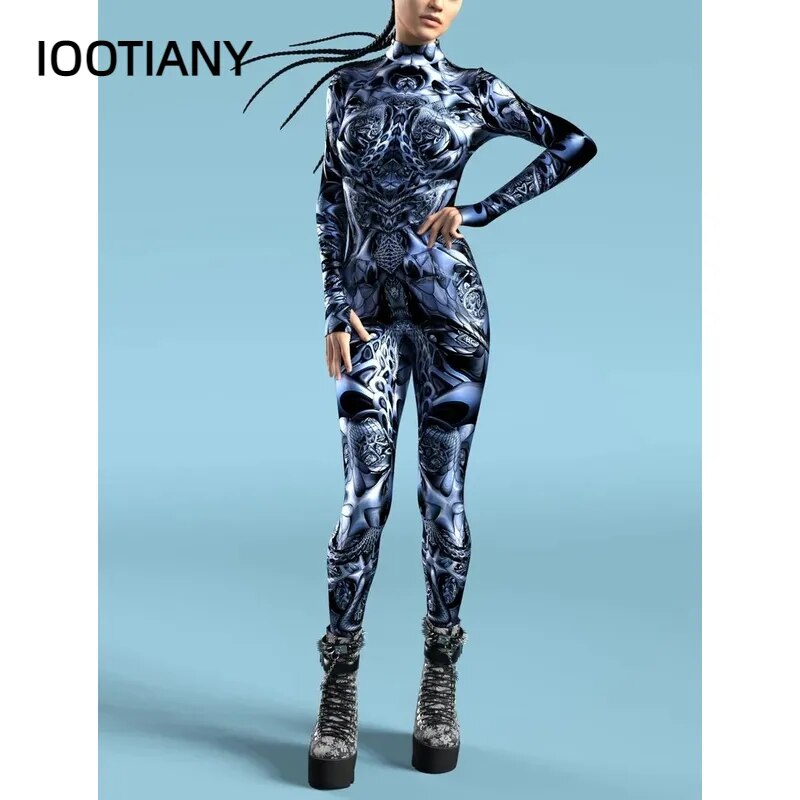 Multicolour Skeleton Printed Costume Woman Front Zipper Zentai Bodysuit Halloween Party Jumpsuits Carnival Holiday Show Outfit