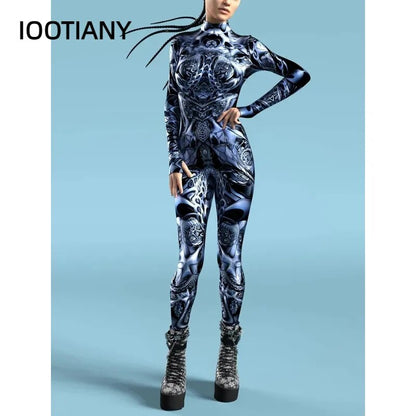 Multicolour Skeleton Printed Costume Woman Front Zipper Zentai Bodysuit Halloween Party Jumpsuits Carnival Holiday Show Outfit