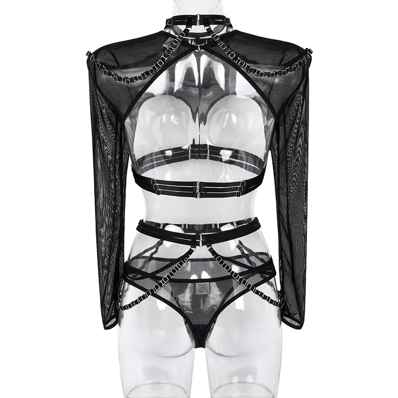 Conjunto de lencería sexy gótica para mujer, trajes transparentes de malla de manga larga de 4 piezas, conjunto de traje con sujetador calado