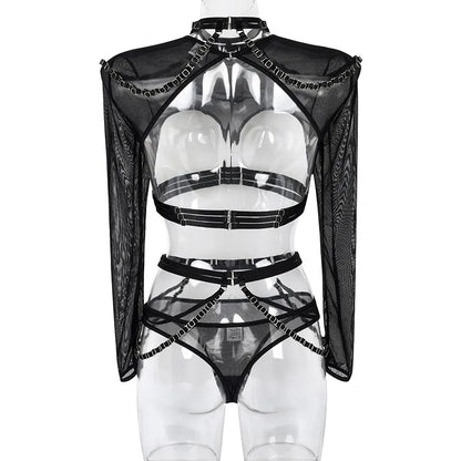 Gothic Sexy Dessous Set Frau 4 Stück Langarm Mesh Transparent Kostüme Aushöhlen BH Anzug Set