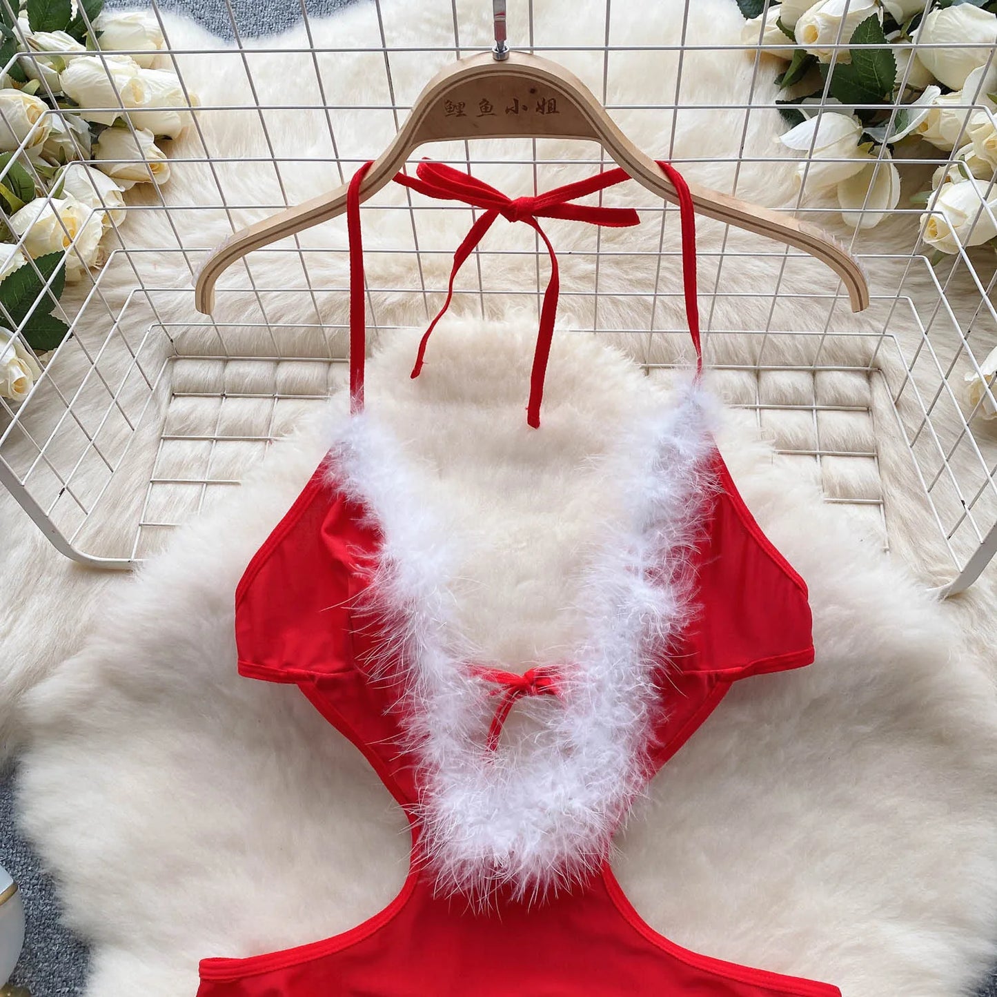 Sheer   Slim Bodysuits Fur Splice Halter Deep V Backless Lace Up Romper Christmas Hollow Out Sexy Playsuits Wanita