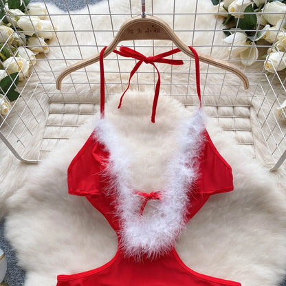 Sheer   Slim Bodysuits Fur Splice Halter Deep V Backless Lace Up Romper Christmas Hollow Out Sexy Playsuits Wanita