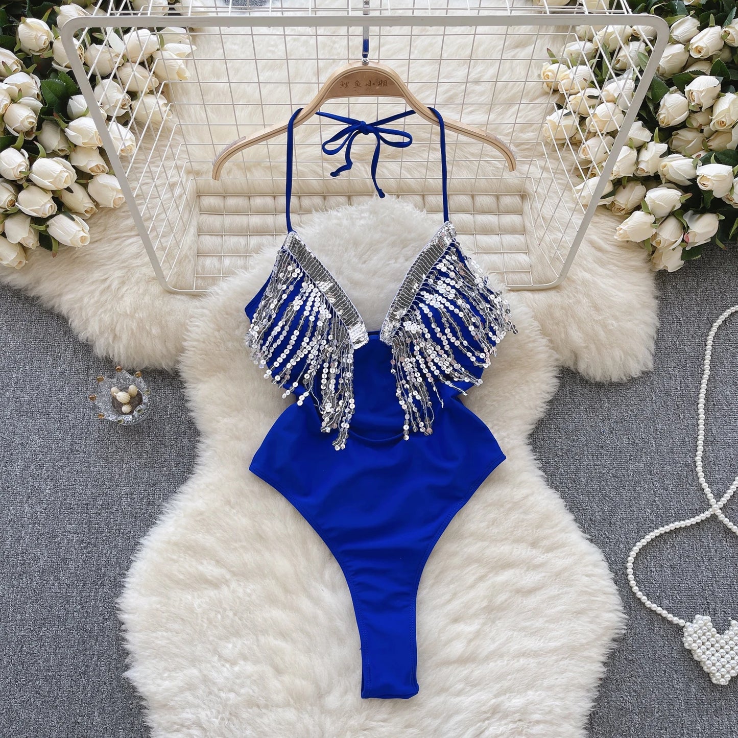 Sequins Shiny Slim Sexy Bodysuits Women Strap V Neck Backless Swimsuits 2023 Fashion Tassel  Sensual Playsuits Wanita