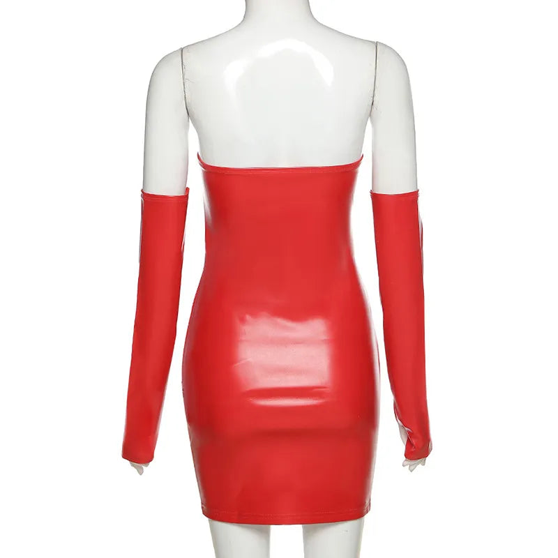 Leosd Sexy Strapless PU Mini Club Dress Winter Autumn Faux Leather Bodycon Dresses with Sleevelets Party Clubwear Tube Sundress