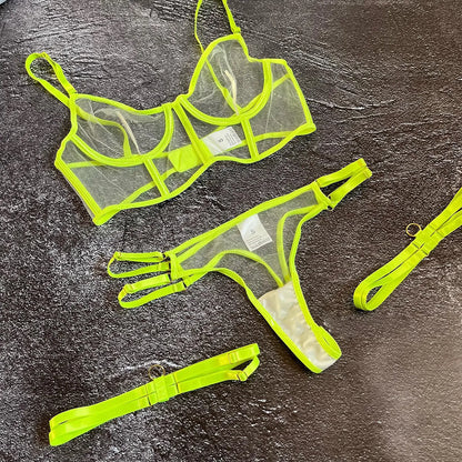 Neon-Dessous, nackte Frauen ohne Zensur, Unterwäsche, die intimes, sexy, nacktes, transparentes Spitzen-BH-Set sehen kann