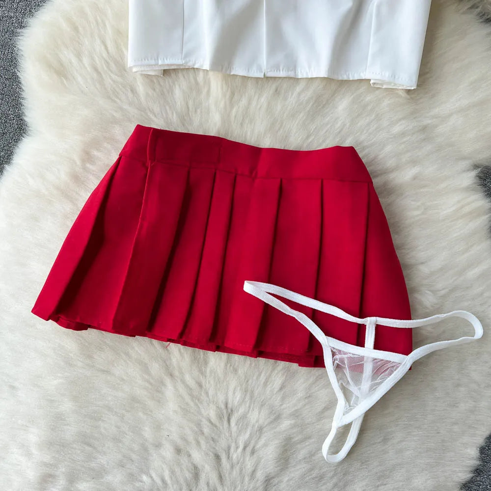 Cosplay   Outfit Women Lapel Neck Short Shirt+Plaid Mini Skirt+Thongs  2023 Preppy Style Sexy Nightwear Wanita