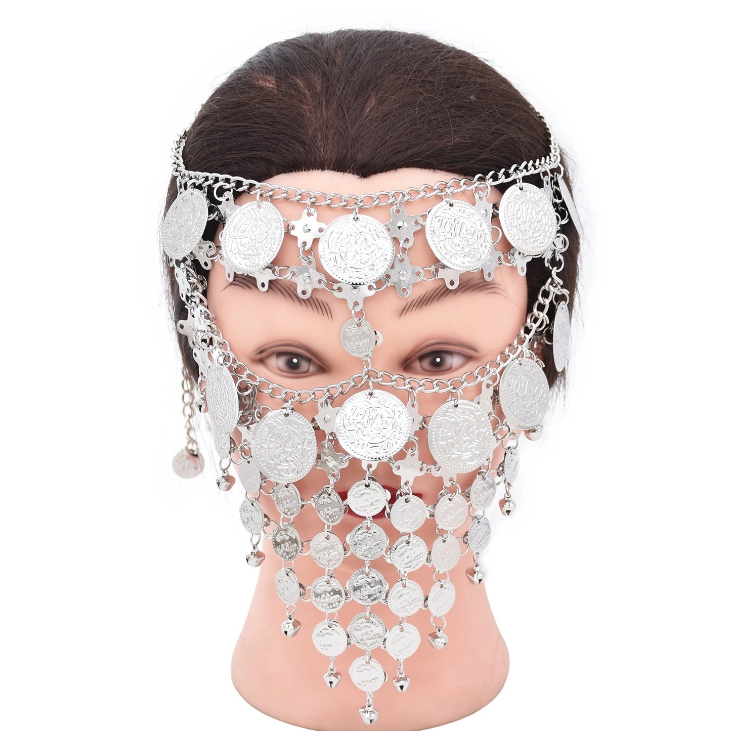 Luxus Frauen Münze Glocke Quaste Maskerade Maske Schleier Gesicht Kette Bauchtanz Bühne Cosplay Party Stirnbänder Boho Festival Haar Geschenk