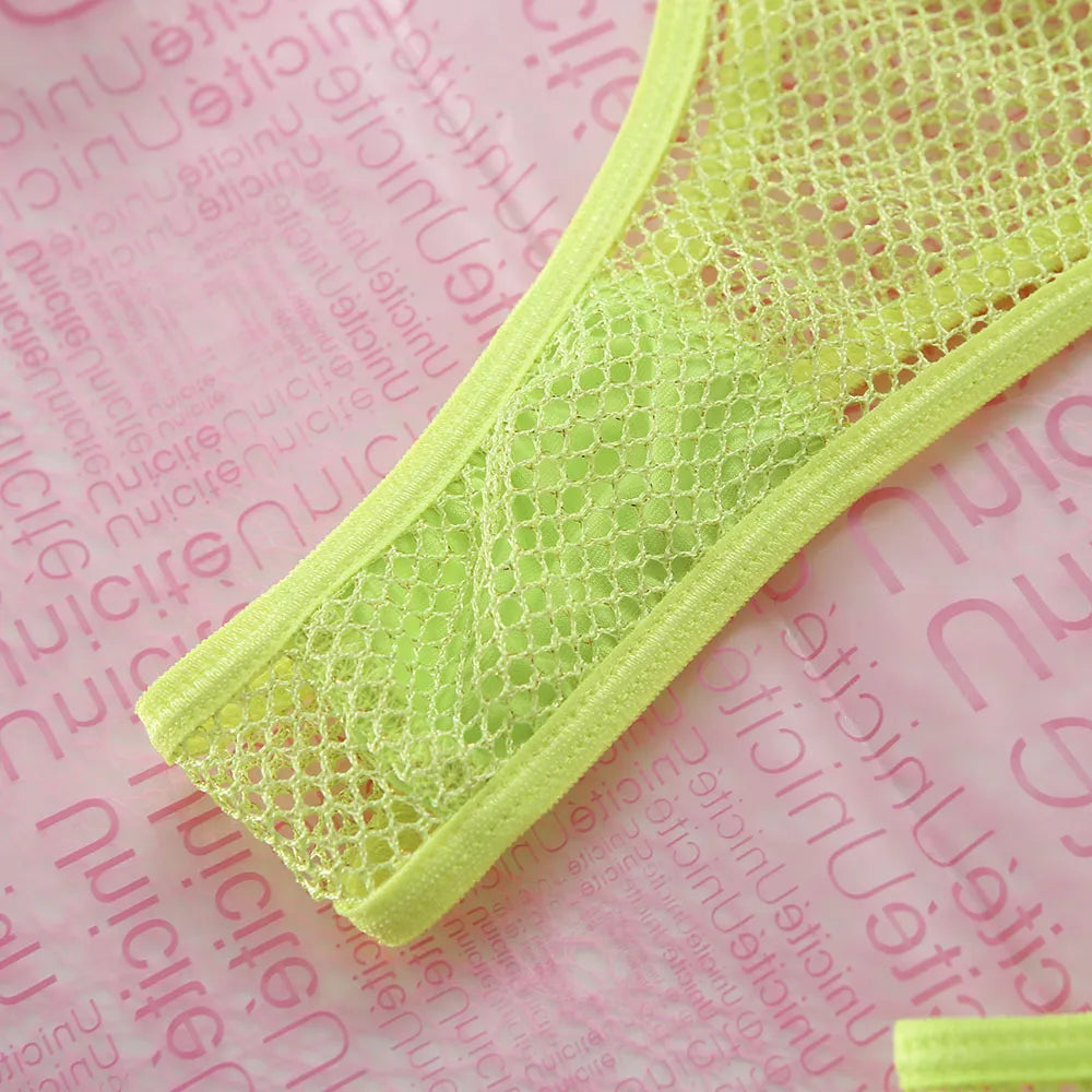 Sexy Neon-Dessous mit Socken, Spitze, Schleife, transparente Unterwäsche, durchsichtiges Netz, 5-teilig, heiße durchsichtige Sets