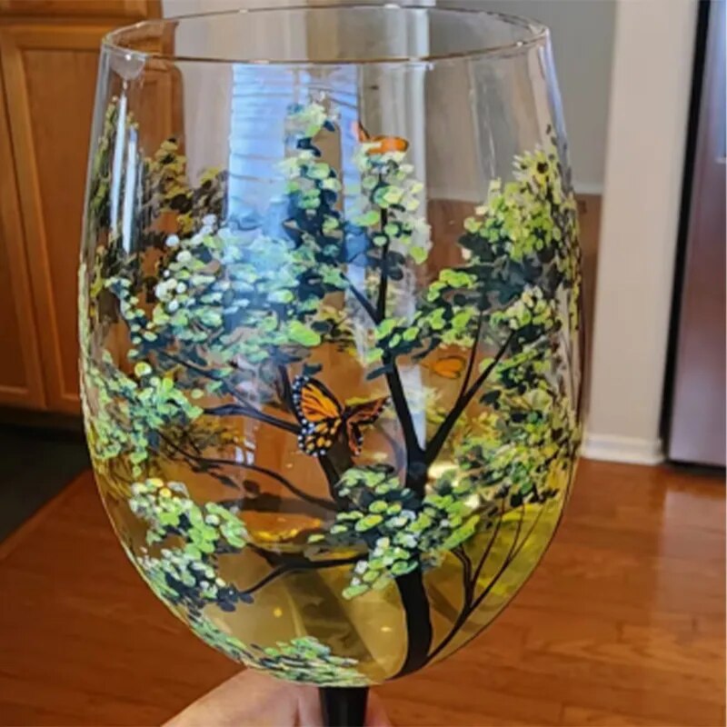 NEW Four Seasons Trees Wine Glasses Creative Printed High Legged Glass Cup for Wine Beer Cocktail Large Capacity Glass Cup Set