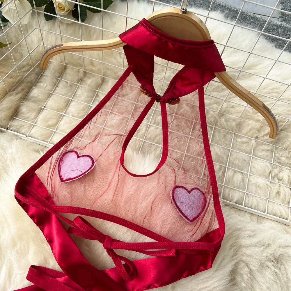 Wanita Sheer Hollow Out Sexy Nightdress Women Transparent Mesh Splice Love Apron Dress Cosplay   Mini Nightwear