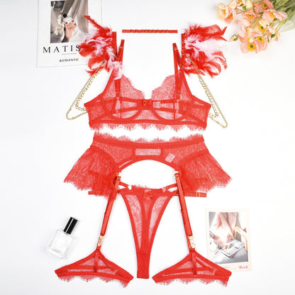 Feder Dessous Fancy Chic Unterwäsche BH Wirh Mental Chain Sexy Custome Uncensord Rüschen Strumpfbänder 4-teilig Spitze Intim