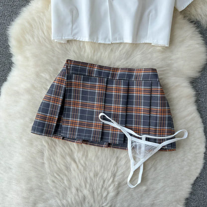 Cosplay Outfit Frauen Revers Hals Kurzes Hemd + Plaid Mini Rock + Tangas 2023 Adrette Sexy Nachtwäsche Wanita