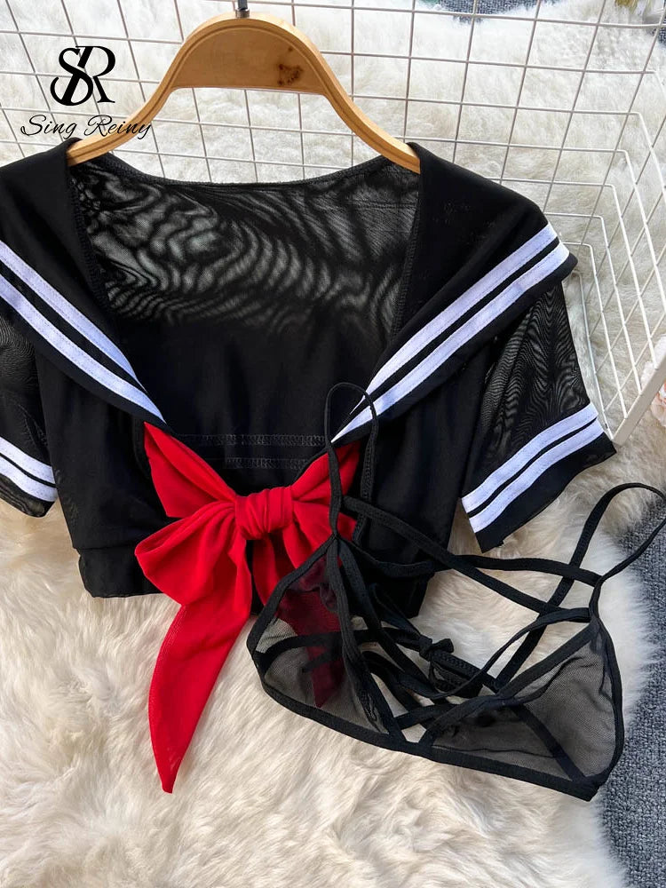 Preppy Style Cosplay Sheer Nightsuits Female Bow Sweet Short Top+Mini Skirt+Thongs 2023 Transparent   Outfit Wanita