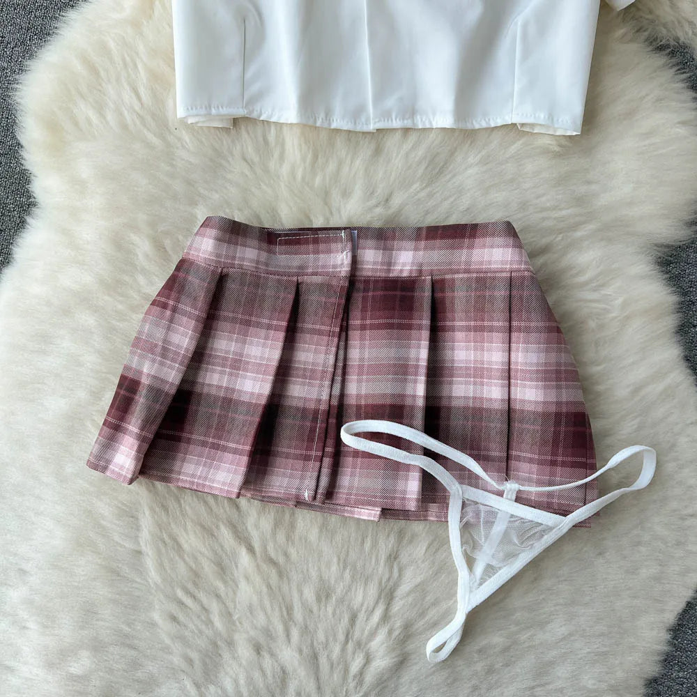 Cosplay Outfit Frauen Revers Hals Kurzes Hemd + Plaid Mini Rock + Tangas 2023 Adrette Sexy Nachtwäsche Wanita