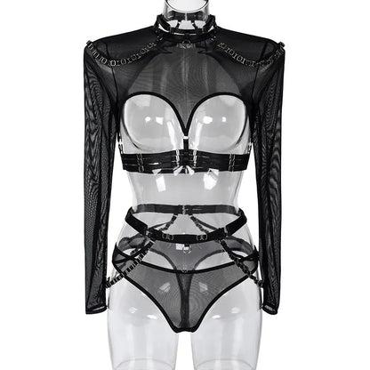 Gothic Sexy Dessous Set Frau 4 Stück Langarm Mesh Transparent Kostüme Aushöhlen BH Anzug Set