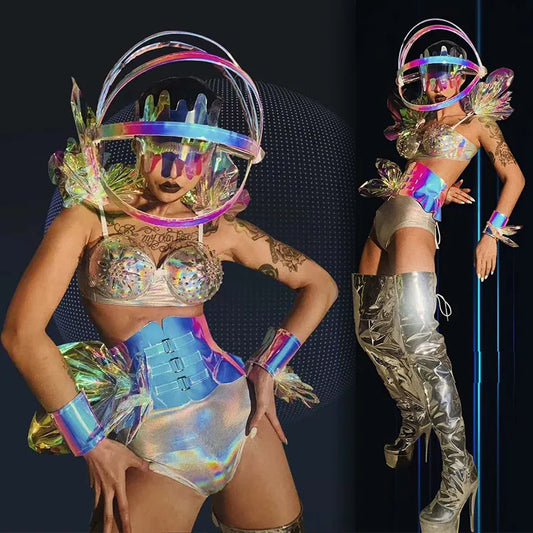 Women Future Sense Gogo Dance Costume Sexy Bikini Pole Dance Clothes Laser Helmet Headwear Nightclub Dancer Rave Outfit VDB5641