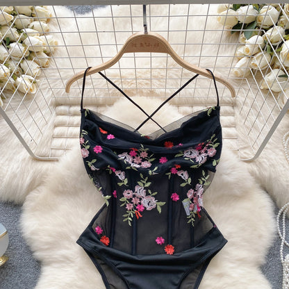 Wanita Damen-Body mit Spitze, Blumenstickerei, sinnlich, ärmellos, Korsett, Netzstoff, schlank, figurbetont, mit offenem Schritt, rückenfrei, Playsuits, Wanita