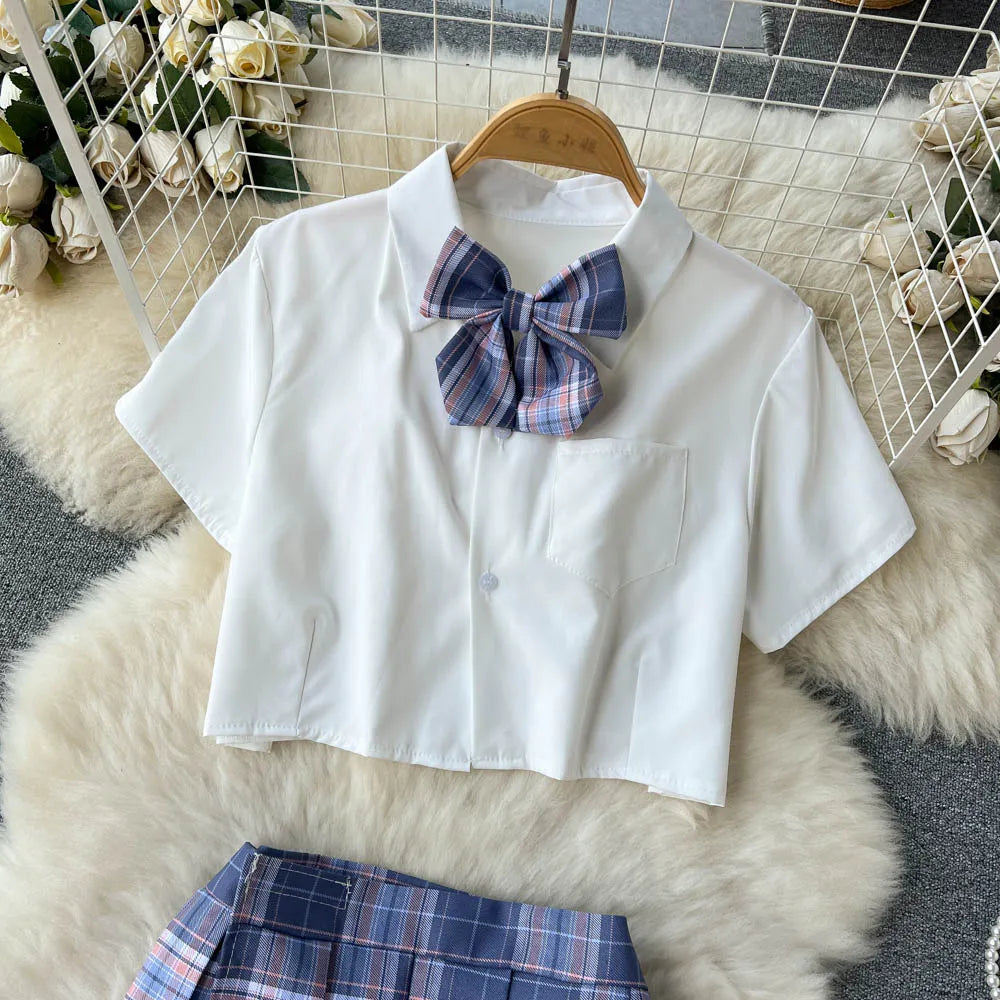 Cosplay   Outfit Women Lapel Neck Short Shirt+Plaid Mini Skirt+Thongs  2023 Preppy Style Sexy Nightwear Wanita