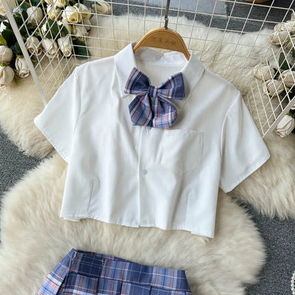 Traje de Cosplay para mujer, Camisa corta con cuello de solapa, minifalda a cuadros y tangas, ropa de dormir Sexy de estilo preppy 2023 Wanita