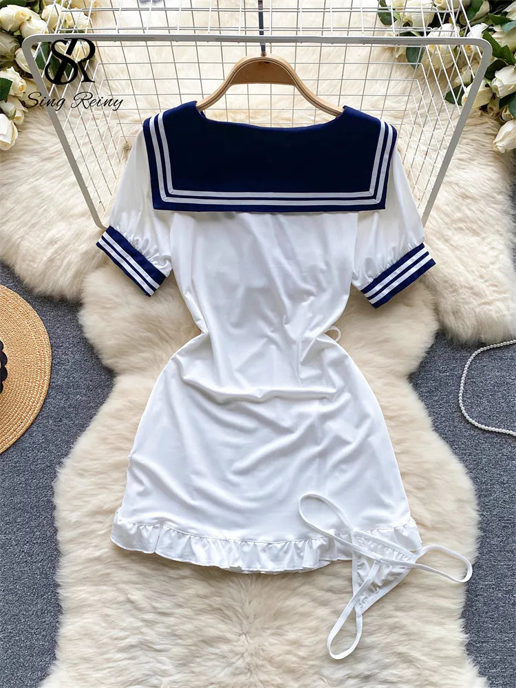 Japan Style Split Sexy Nightdress Ladies Bow Neck Hotsweet Mini Dress+Thong Ruffle Hollow Out Cosplay  Nightwear Wanita