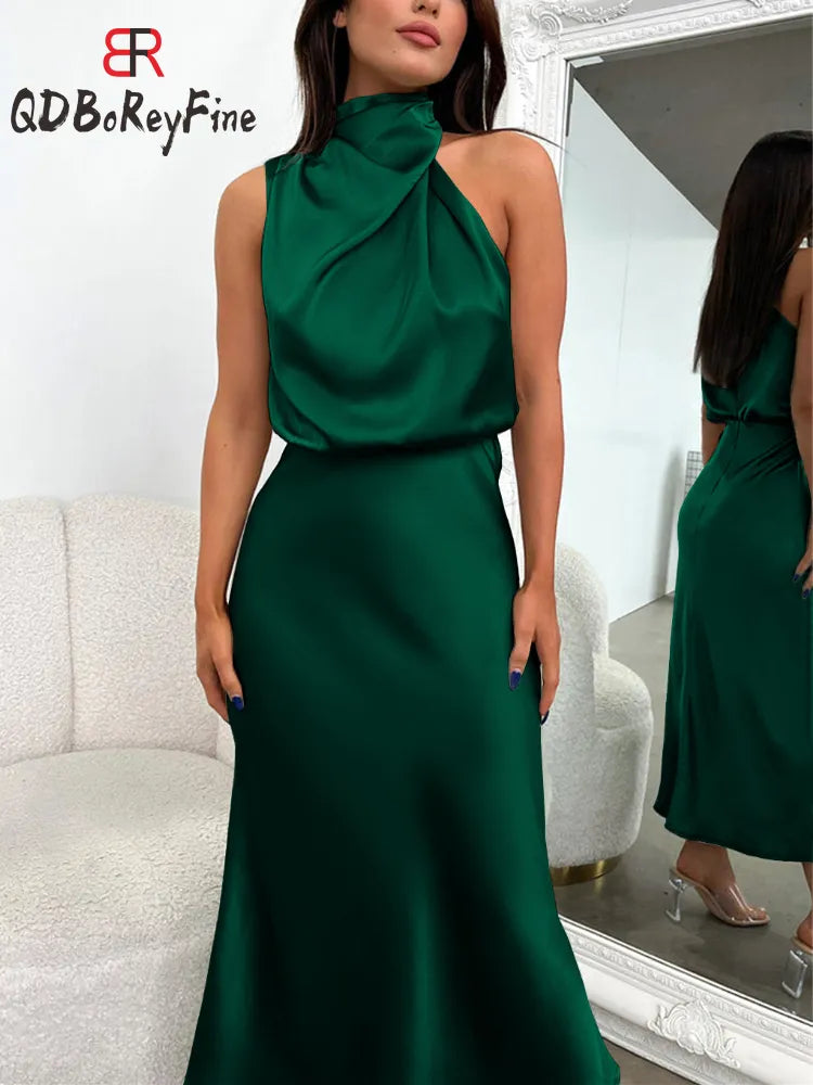 Satin Silk Women Dresses Sexy Evening Party Sleeveless Off Shoulder Bodycon Elegant Maxi Dresses for Women 2023 Summer Wedding