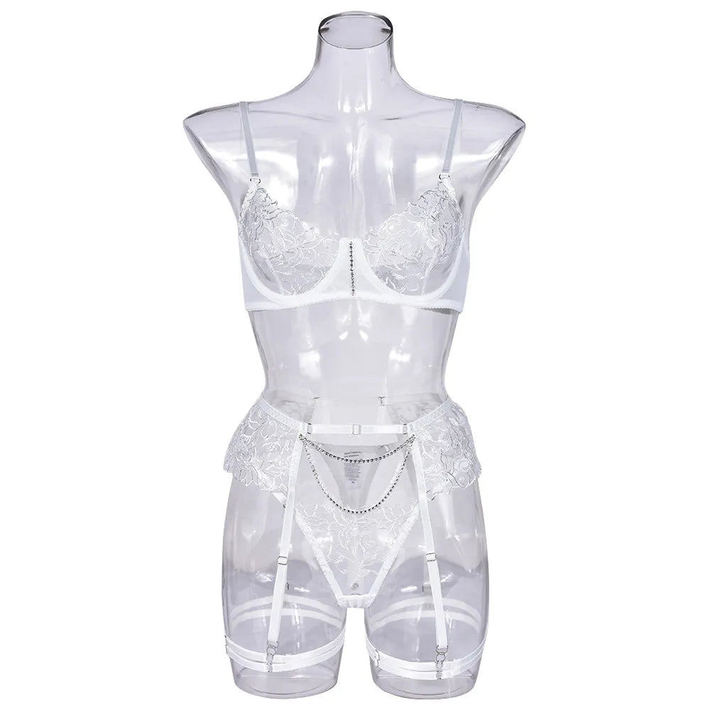 Rüschen Sexy Damenunterwäsche Ausgefallene Dessous Feiner BH und Höschenset Weiße intime Spitze Transparentes Feen-Outfit