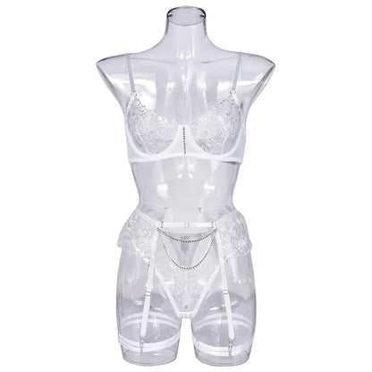 Rüschen Sexy Damenunterwäsche Ausgefallene Dessous Feiner BH und Höschenset Weiße intime Spitze Transparentes Feen-Outfit