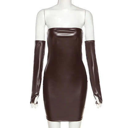 Leosd Sexy Strapless PU Mini Club Dress Winter Autumn Faux Leather Bodycon Dresses with Sleevelets Party Clubwear Tube Sundress