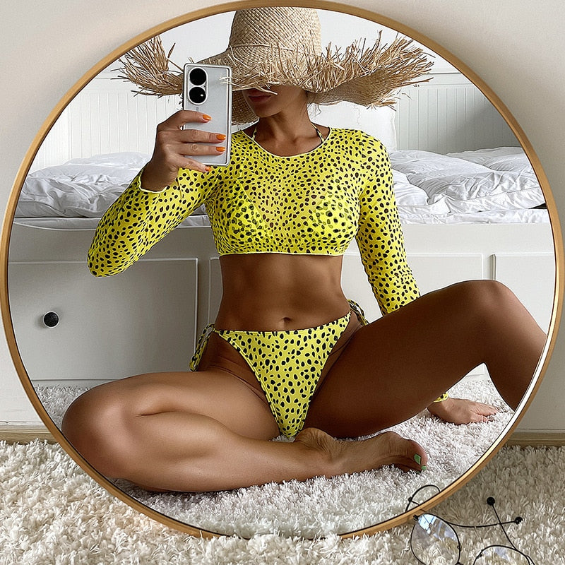 Traje de baño de leopardo para mujer de 3 artículos, microbikini con cuello Halter, traje de baño con estampado por separado, ropa de playa brasileña de cintura baja