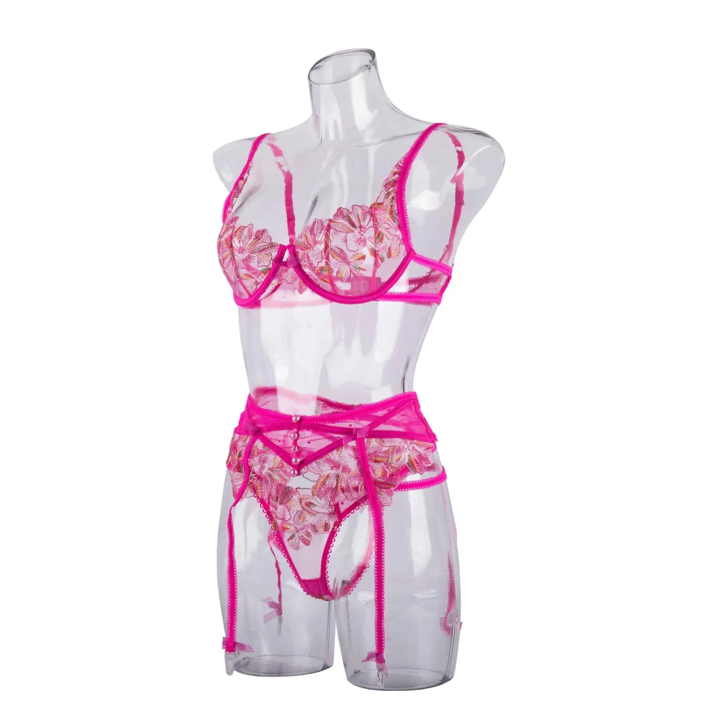 Ausgefallene rosa Dessous mit Blumenstickerei, sexy Tangas, Strumpfhalter-BH-Anzug, 3-teilig, zarte Luxus-Spitze, schöne Unterwäsche