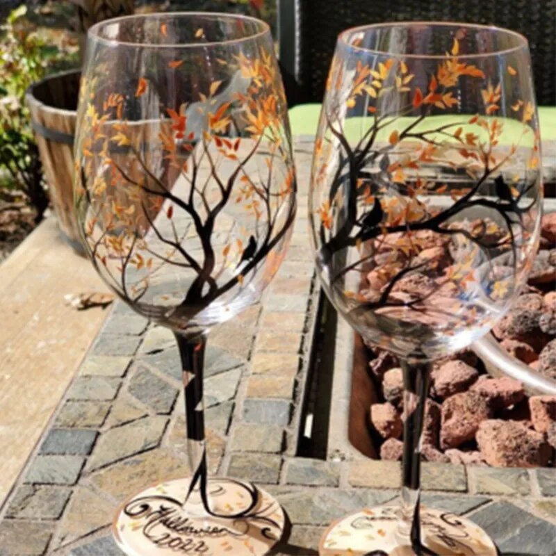 NEW Four Seasons Trees Wine Glasses Creative Printed High Legged Glass Cup for Wine Beer Cocktail Large Capacity Glass Cup Set