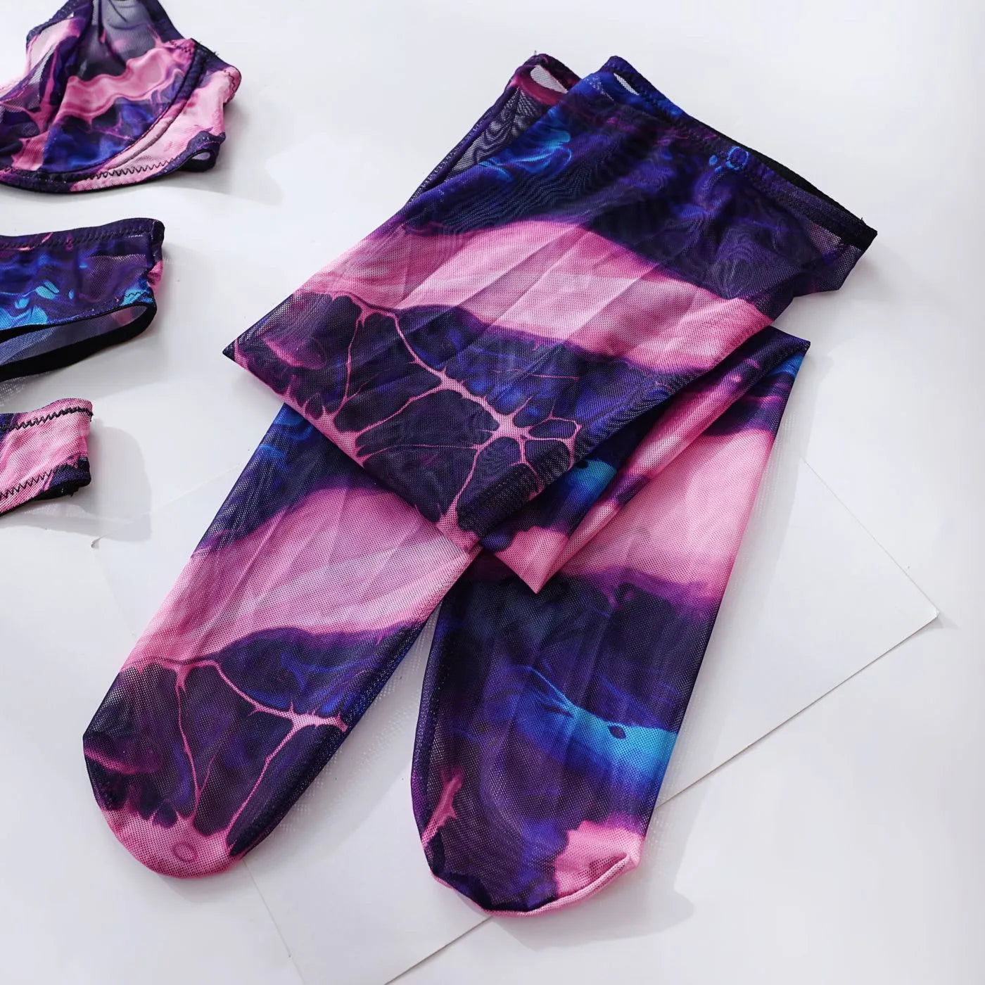 Lencería Tie Dye para mujer, ropa interior de encaje con medias y guantes, novedad en ropa de dormir para mujer, trajes de sujetador transparente