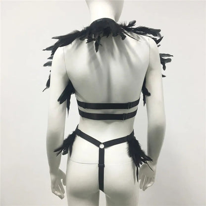 Punk Gothic Feder Harness Set Nachtclub Aushöhlen Tank Tops Sexy Dessous Festival Rave Karneval Party Frauen 2 Stück Outfits 